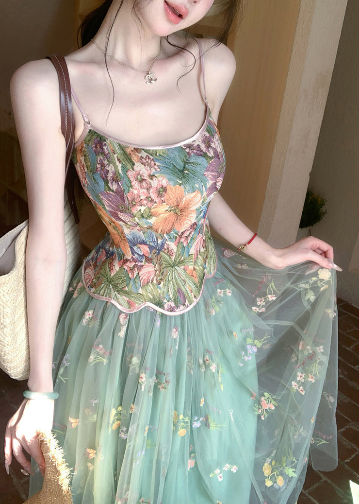 New Green Print Spaghetti Strap Tank And Tulle Skirts Two Pieces Set Sleeveless