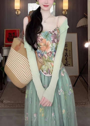 New Green Print Spaghetti Strap Tank And Tulle Skirts Two Pieces Set Sleeveless