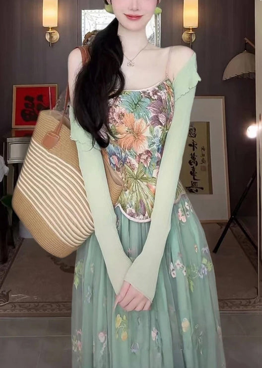 New Green Print Spaghetti Strap Tank And Tulle Skirts Two Pieces Set Sleeveless