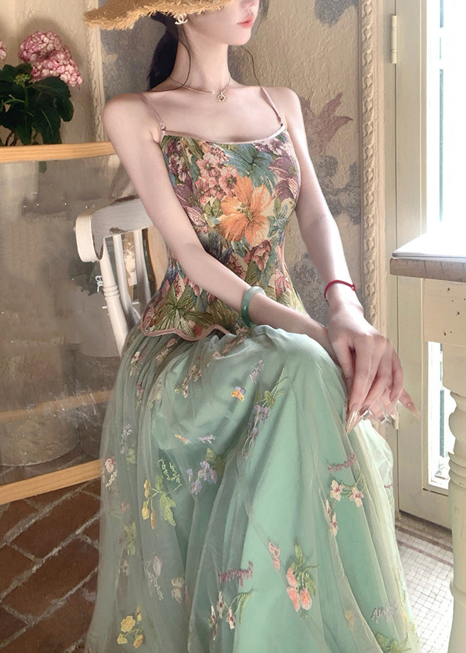 New Green Print Spaghetti Strap Tank And Tulle Skirts Two Pieces Set Sleeveless