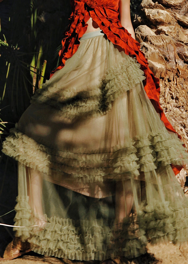 New Green Ruffled Elastic Waist Tulle A Line Skirts Summer