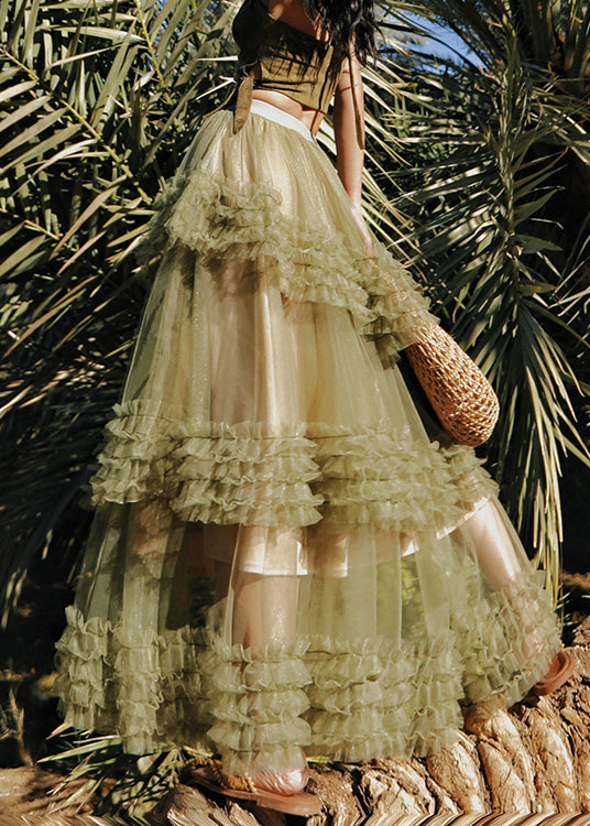 New Green Ruffled Elastic Waist Tulle A Line Skirts Summer