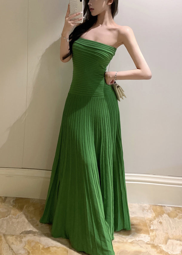 New Green Strapless Wrinkled knitting Cotton Long Dresses Sleeveless