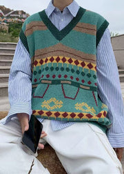 New Green Striped Cozy Men Knit Vest Spring