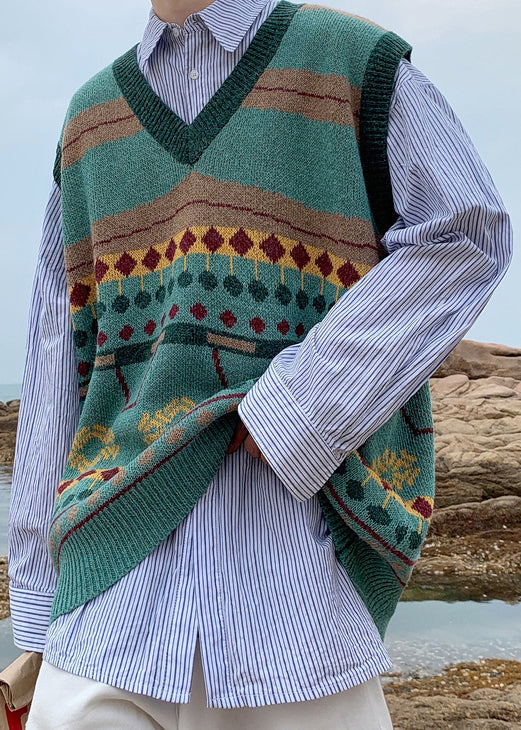 New Green Striped Cozy Men Knit Vest Spring