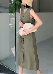 New Green V Neck Button Pockets Linen Dresses Sleeveless