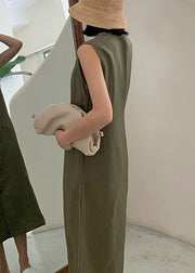 New Green V Neck Button Pockets Linen Dresses Sleeveless