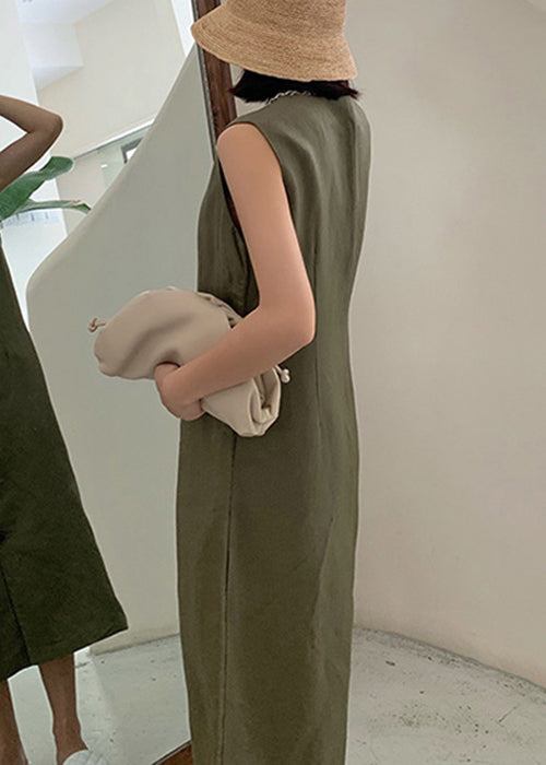 New Green V Neck Button Pockets Linen Dresses Sleeveless