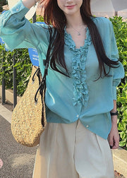 New Green V Neck Ruffled Patchwork Cotton Shirts Fall