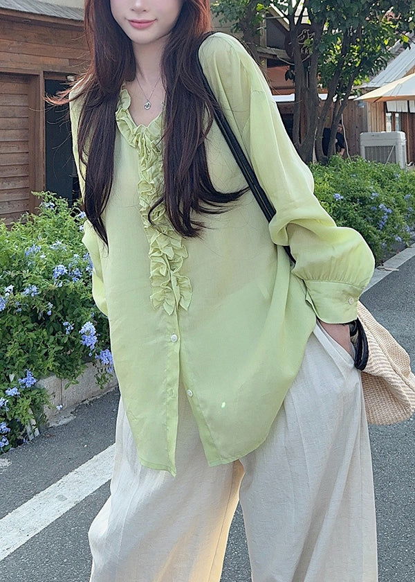 New Green V Neck Ruffled Patchwork Cotton Shirts Fall
