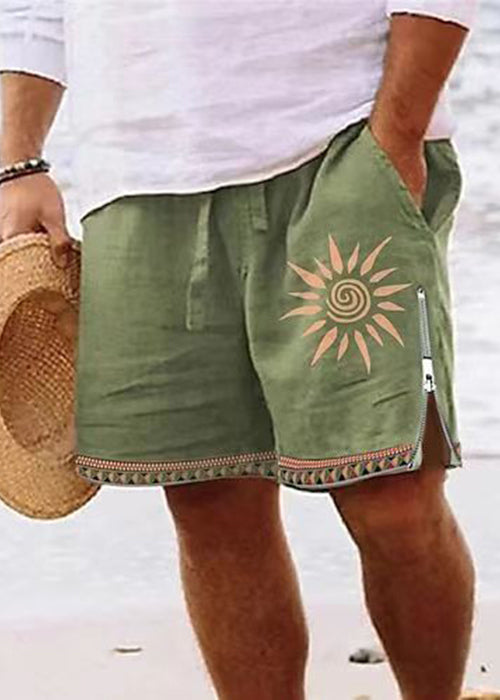 New Green Zip Up Print Elastic Waist Cotton Men Shorts Summer