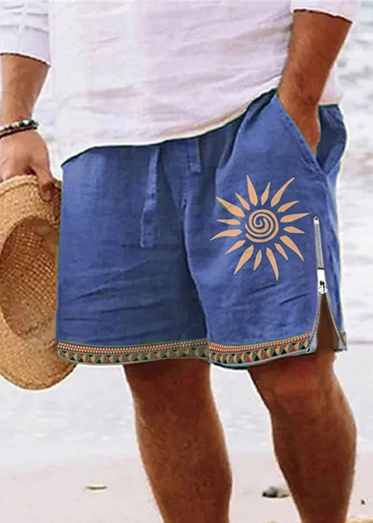 New Green Zip Up Print Elastic Waist Cotton Men Shorts Summer