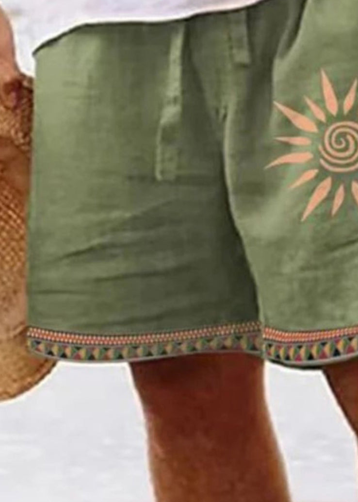 New Green Zip Up Print Elastic Waist Cotton Men Shorts Summer