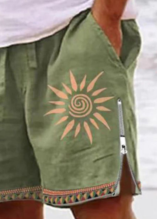New Green Zip Up Print Elastic Waist Cotton Men Shorts Summer
