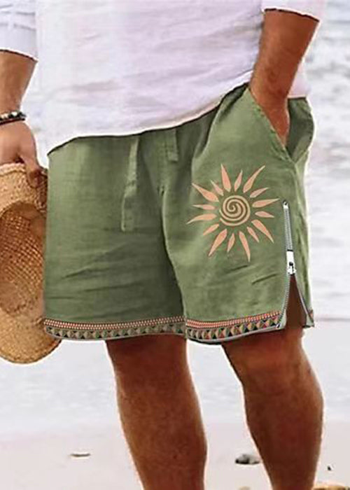 New Green Zip Up Print Elastic Waist Cotton Men Shorts Summer