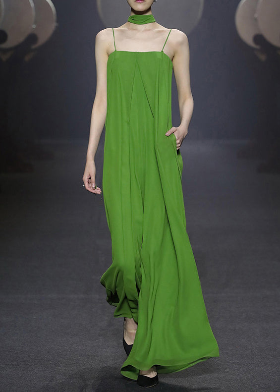New Green Zippered Pockets Chiffon Spaghetti Strap Jumpsuit Sleeveless