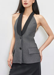 New Grey Backless Button Patchwork Spandex Tank Sleeveless