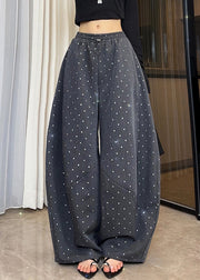 New Grey Dot Pockets Elastic Waist Cotton Wide Leg Pants Fall