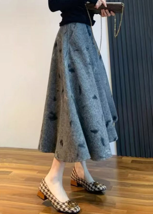 New Grey Embroidered High Waist Woolen Skirt Spring