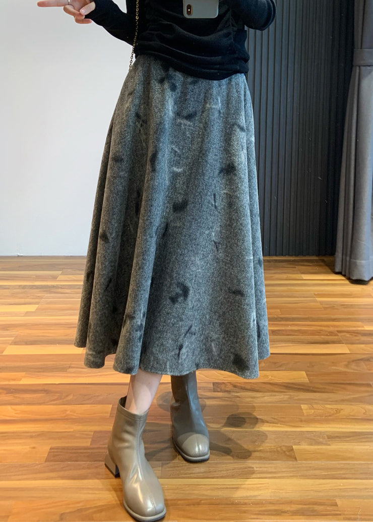 New Grey Embroidered High Waist Woolen Skirt Spring