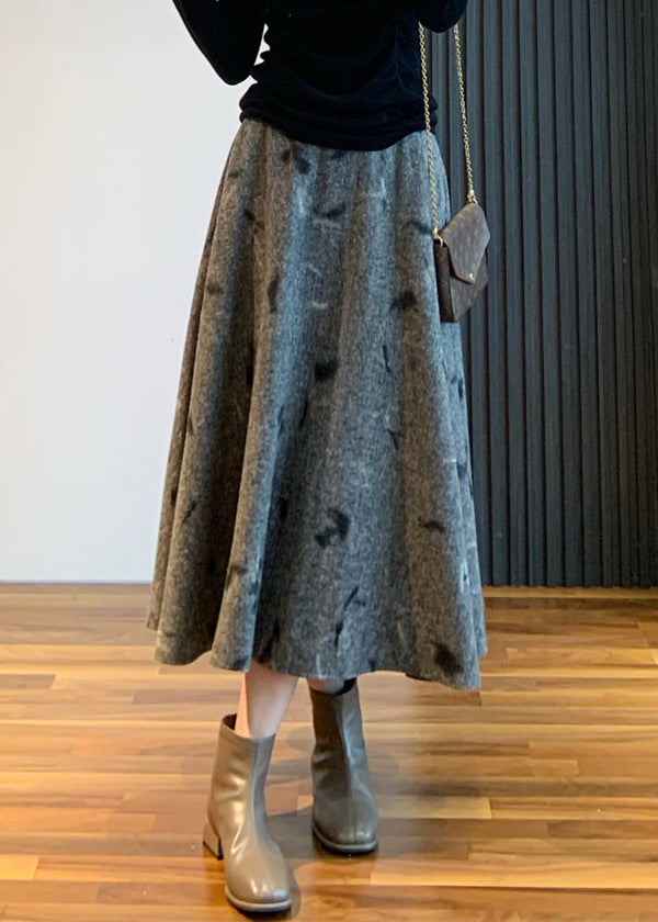 New Grey Embroidered High Waist Woolen Skirt Spring