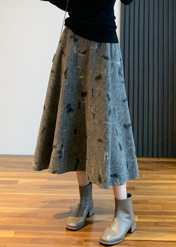 New Grey Embroidered High Waist Woolen Skirt Spring