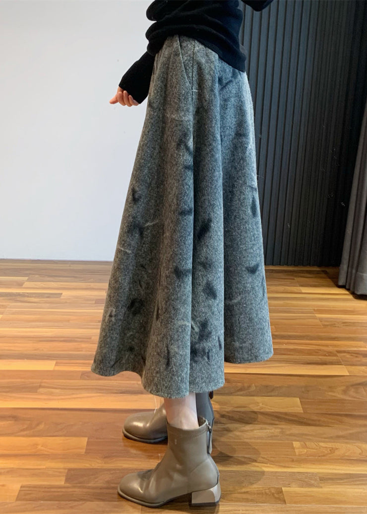 New Grey Embroidered High Waist Woolen Skirt Spring
