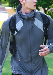 New Grey Hooded Zippered Patchwork Ice Silk Mens UPF 50+ Coat Summer