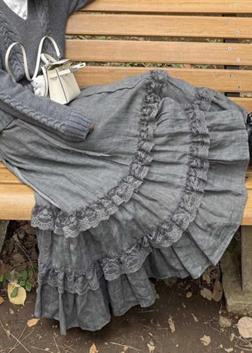 New Grey Lace High Waist Cotton Skirts Spring