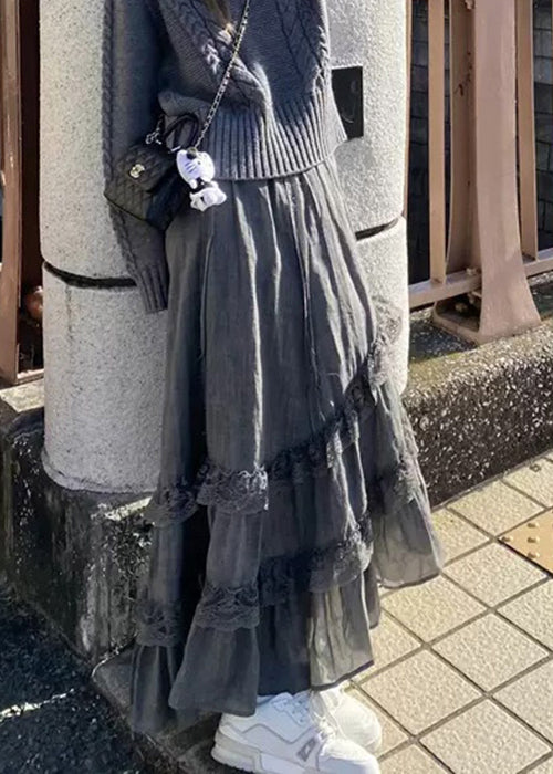 New Grey Lace High Waist Cotton Skirts Spring