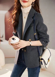 New Grey Notched Button Patchwork Woolen Coat Long Sleeve