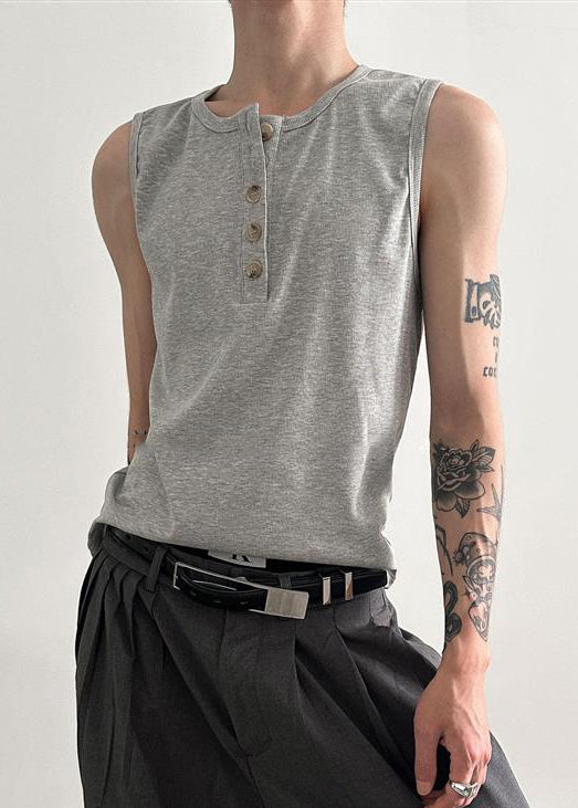 New Grey O Neck Button Cotton Men Tank Summer