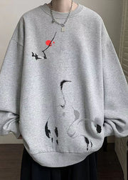 New Grey O Neck Print Cotton Men Pullover Sweatshirt Spring