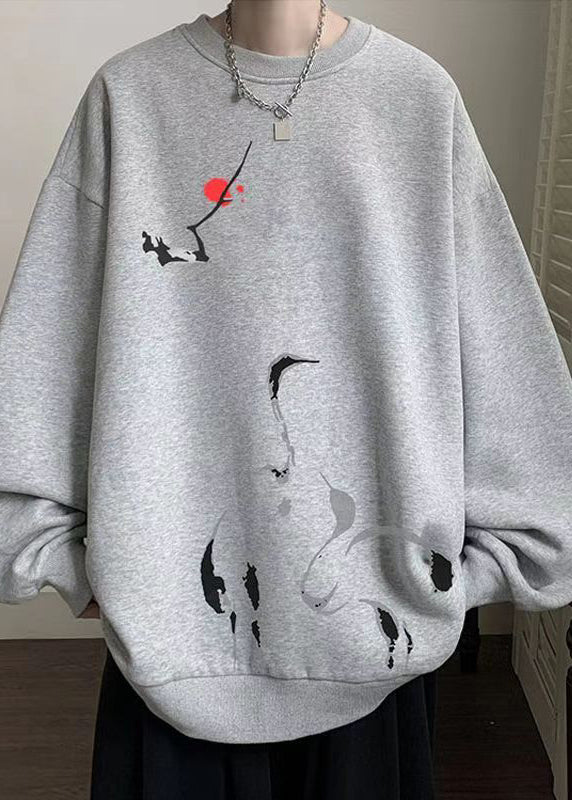 New Grey O Neck Print Cotton Men Pullover Sweatshirt Spring