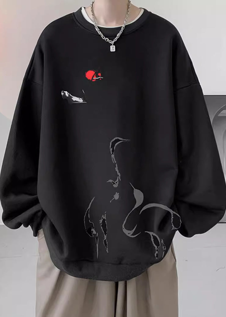 New Grey O Neck Print Cotton Men Pullover Sweatshirt Spring