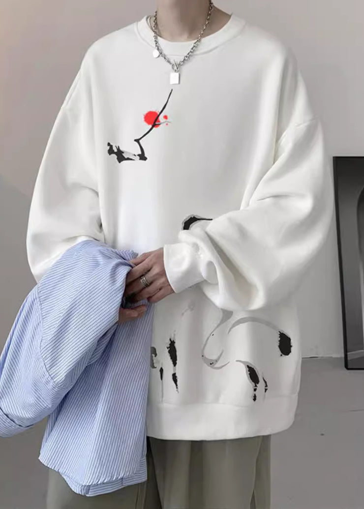 New Grey O Neck Print Cotton Men Pullover Sweatshirt Spring