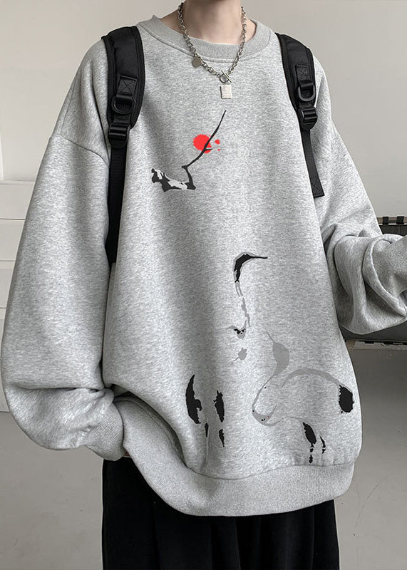 New Grey O Neck Print Cotton Men Pullover Sweatshirt Spring