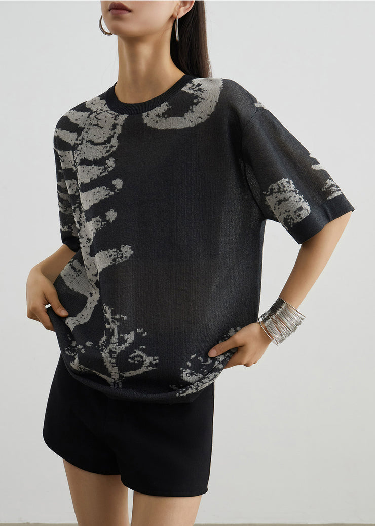 New Grey O Neck Print Cozy Knit T Shirt Summer