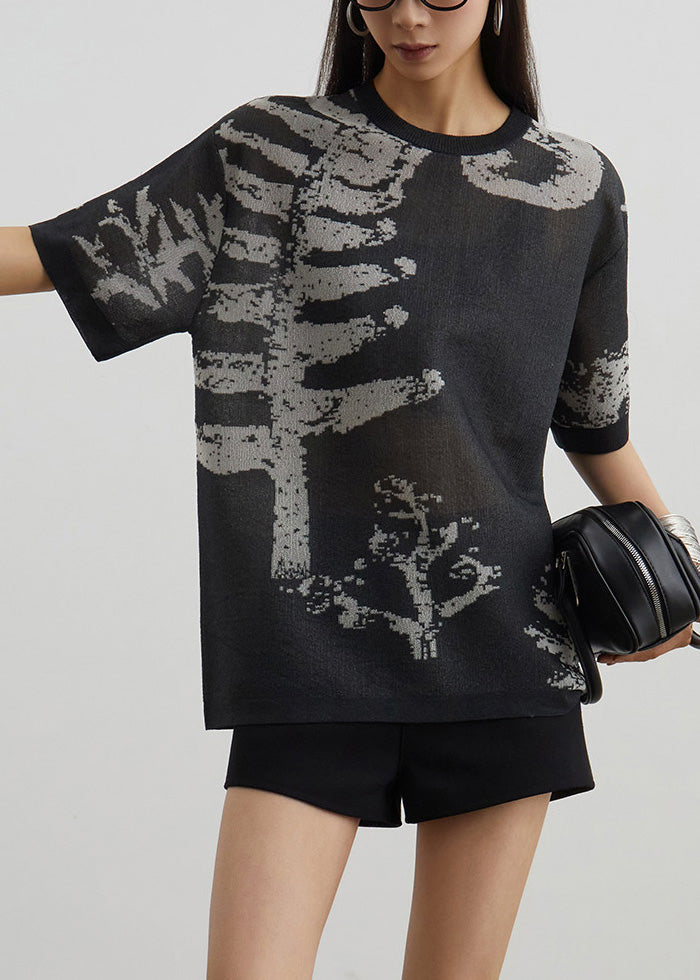 New Grey O Neck Print Cozy Knit T Shirt Summer