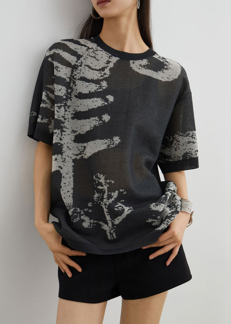 New Grey O Neck Print Cozy Knit T Shirt Summer