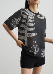 New Grey O Neck Print Cozy Knit T Shirt Summer