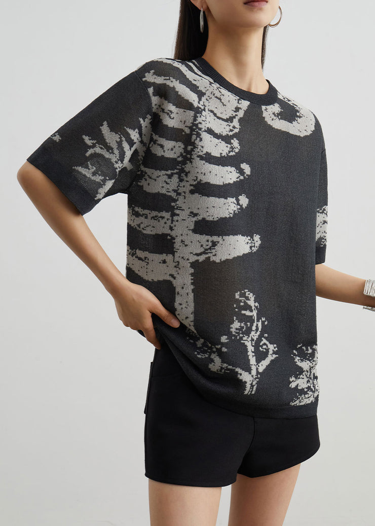 New Grey O Neck Print Cozy Knit T Shirt Summer