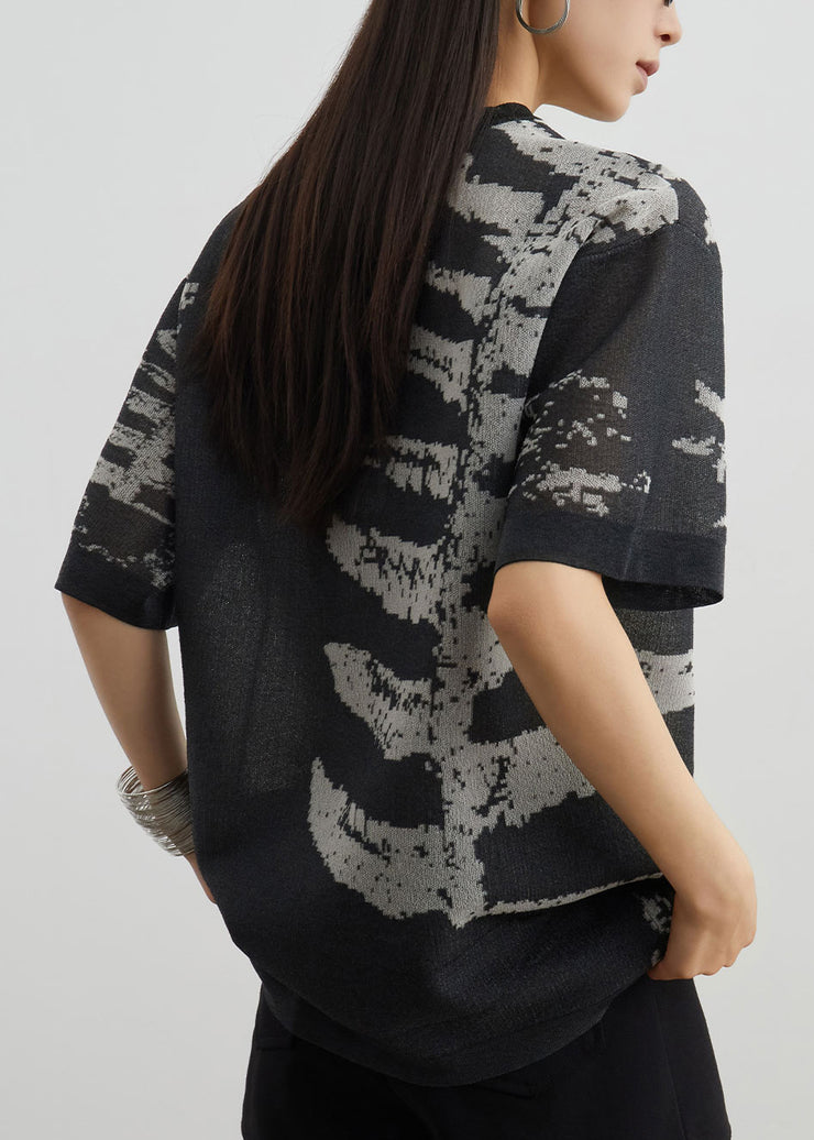 New Grey O Neck Print Cozy Knit T Shirt Summer