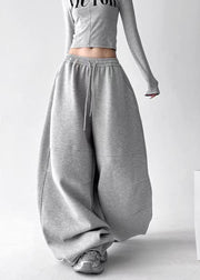 New Grey Pockets Drawstring Elastic Waist Patchwork Cotton Pants Fall