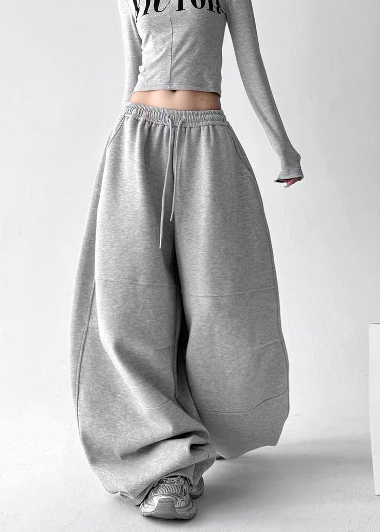 New Grey Pockets Drawstring Elastic Waist Patchwork Cotton Pants Fall