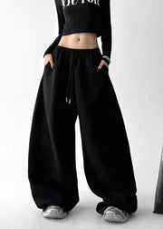 New Grey Pockets Drawstring Elastic Waist Patchwork Cotton Pants Fall