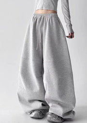 New Grey Pockets Drawstring Elastic Waist Patchwork Cotton Pants Fall