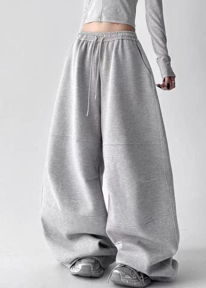 New Grey Pockets Drawstring Elastic Waist Patchwork Cotton Pants Fall