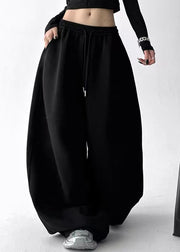 New Grey Pockets Drawstring Elastic Waist Patchwork Cotton Pants Fall
