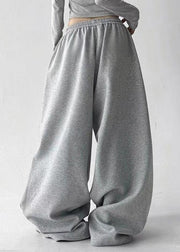 New Grey Pockets Drawstring Elastic Waist Patchwork Cotton Pants Fall